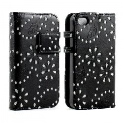 iPhone 4S 4 Diamond Flip Leather Wallet Case (Black)